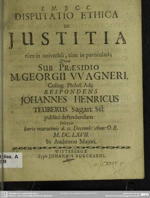 Disputatio ethica de justitia tum in universali, tum in particulari