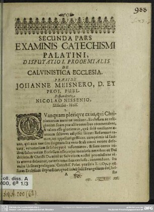 Pars 2, Disp. 1: Disputatio I. prooemialis de Calvinistica ecclesia