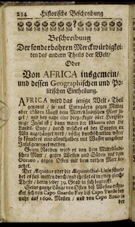 Oder Von Africa insgemein/ und dessen Geographischen und Politischen Eintheilung.