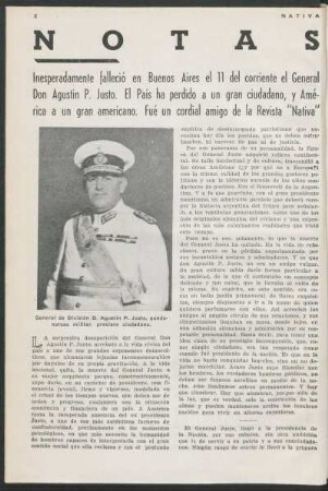 Notas - Inesperadamente falleció en Buenos Aires el 11 del corriente el General Don Agustín P. Justo. [...]