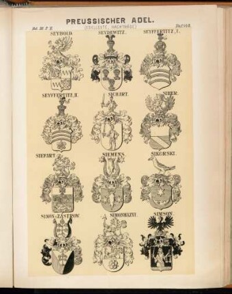 Taf. 142. Seybold. - Seydewitz. - Seyffertitz. I. - Seyffertitz. II. - Sichart. - Siber. - Siefart. - Siemens. - Sikorski. - Simon v. Zastrow. - Simonhazyi. - Simson.