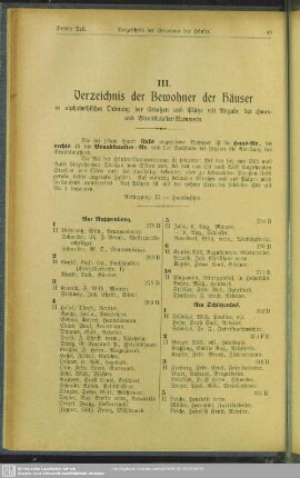 III. Häuserbuch : III. Verzeichnis der Bewohner der Häuser