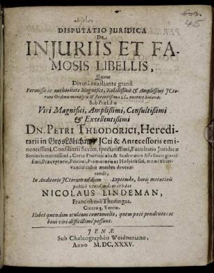 Disputatio Iuridica De Iniuriis Et Famosis Libellis