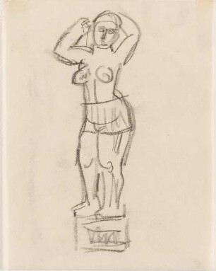 Stehende weibliche Figur mit hinter dem Kopf verschränkten Armen