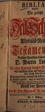Biblia, Das ist: Die gantze Heil. Schrift Altes und Neues Testaments