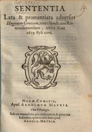 Sententia lata et pronunciata adversus Hug. Grotium