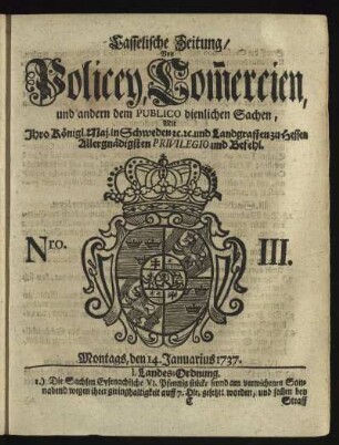 Nro. III, Montags, den 14. Januarius 1737