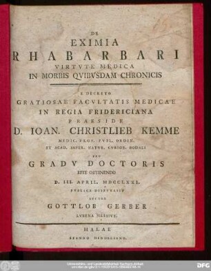 De Eximia Rhabarbari Virtvte Medica In Morbis Qvibvsdam Chronicis