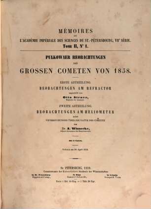 Pulkowaer Beobachtungen des grossen Cometen von 1858