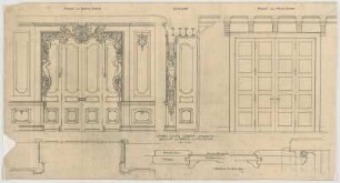 Thiersch, Friedrich von; Münsing / Starnberger See (Bayern); Schloss Seeburg, Umbau - Öffnung vom Barockzimmer zum Musikzimmer (Grundriss, Ansicht, Querschnitt, Detail)
