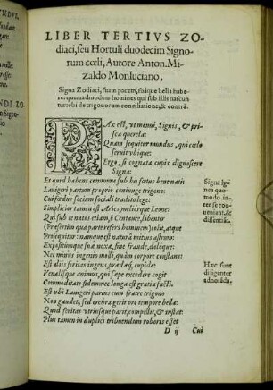 Liber Tertius Zodiaci, seu Hortuli duodecim Signorum cœli, Autore Anton. Mizaldo Monluciano.