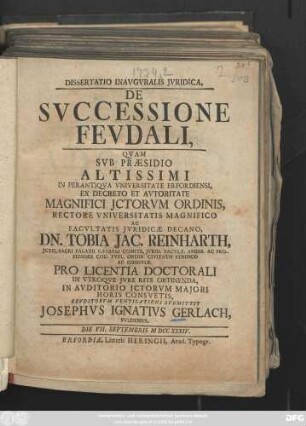 Dissertatio Inavgvralis Jvridica, De Svccessione Fevdali