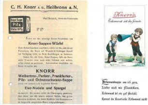 Werbebild mit Vierzeiler für Knorr´s Erbswurstsuppe und Bestellblatt für Suppen