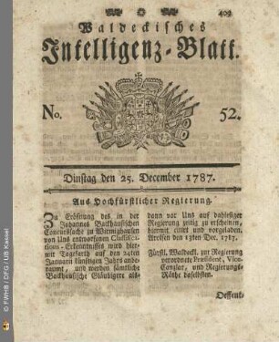 No. 52. Dinstag den 25. December 1787