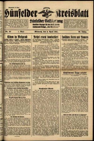 Erste Ausgabe vom Mittwoch, den 02. April 1941.