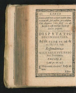 Disputatio Decimaoctava. Respondente Michaele Fuchsio.
