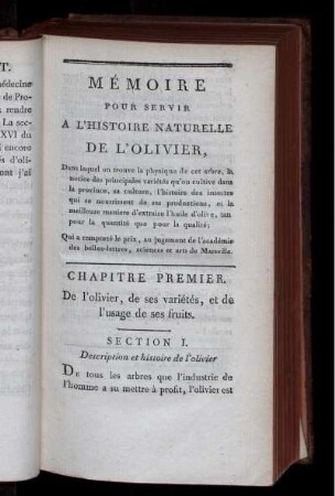 Mèmoire pour servir a L`Histoire Naturelle de L'OLIVIER