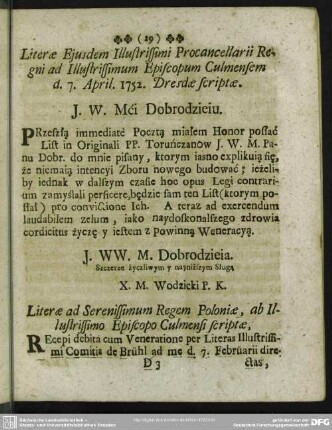 Literae Eiusdem Illustrissimi Procancellarii Regni ad Illustrissimum Episcopum Culmensem d. 7. April. 1752. Dresdae scriptae