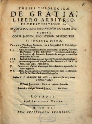 Theses theol. de gratia, libero arbitrio, praedestinatione ...