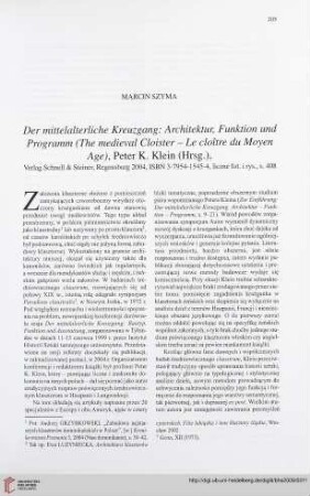 70: [Rezension von: Peter K. Klein (Hrsg.), Der mittelalterliche Kreuzgang]