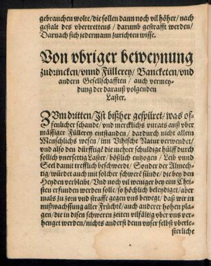 Von ubriger beweynung zudrincken/ unnd Füllerey/ Bancketen/ und andern Gesellschafften/ auch vermeydung der darauß volgenden Laster.