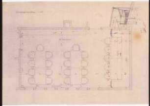 Reichsluftfahrtministerium, Berlin Baubüro im Baugelände: Wohlfahrtsraum: Grundriss (Möblierungsplan) 1:20; perspektivische Ansicht (Skizze)