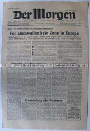 Tageszeitung der LDPD "Der Morgen" mit dem Appell der Volkskammer an den Bundestag für eine atomwaffenfreie Zone in Europa