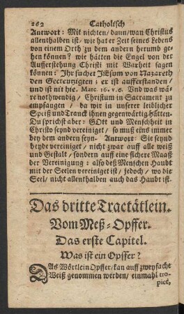 Das dritte Tractätlein. Vom Meß-Opffer. Das erste Capitel. Was ist ein Opffer?