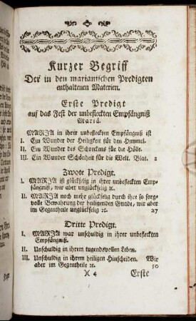 Kurzer Begriff Der in den marianischen Predigten enthaltenen Materien.