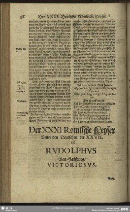 Der XXXI Römische Keyser, Unter den Deutschen der XXVII. ist Rudolphus Von Habspurg, Victoriosus