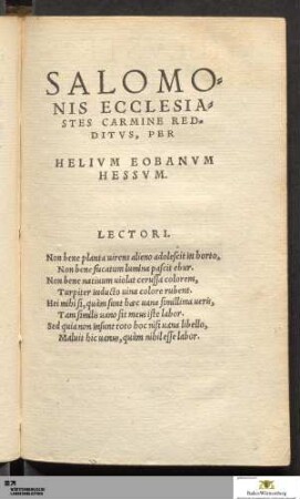 Salomonis Ecclesiastes Carmine Redditvs, Per Helivm Eobanvm Hessvm