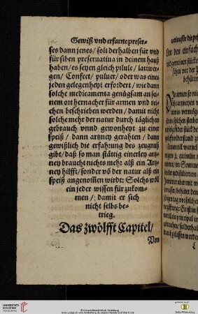 Das zwölfft Capitel Von den einfachen arzneyen und gemeinen stücken, die den menschen vor der Pestilenz behüten
