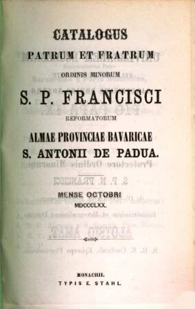 Catalogus Ordinis Fratrum Minorum Provinciae Bavariae S. Antonii de Padua, 1870, Okt.