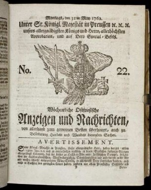 No. 22. Montags, den 31ten May 1762.