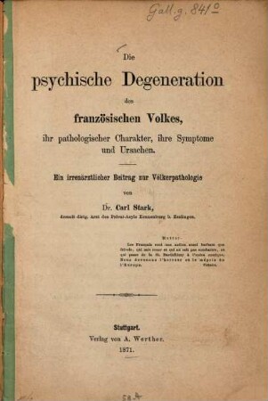 Die psychische Degeneration des französischen Volkes ...