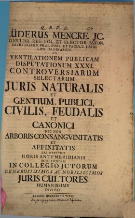 Lüderus Mencke ... ad ventilationem publicam disputationum 31. controversiarum selectarum iuris naturalis invitat : [praefatus de praescriptione criminis bigamiae]