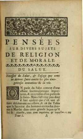 Pensées du Pere Bourdaloue [SJ], de la Compagnie de Jesus, sur divers sujets de religion et de morale, 1