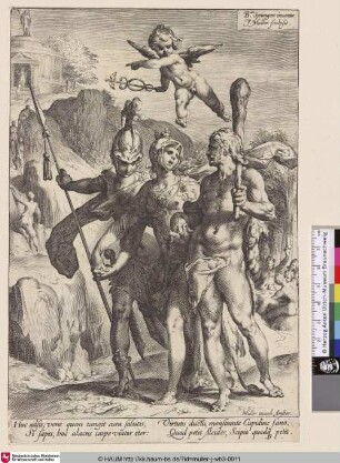 [Herkules, dem die gebirgige Straße zum Tempel der unsterblichen Berühmtheit in Begleitung von Minerva und Mars gezeigt wird; Hercules being shown the mountainous road to the temple of immortal fame in the company of Minerva and Mars]