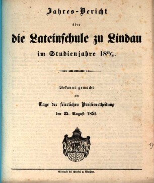 Jahres-Bericht der Königlichen Lateinschule in Lindau i.B. : für das Schuljahr .... 1854