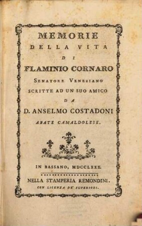 Memorie della vita di Flaminio Cornaro