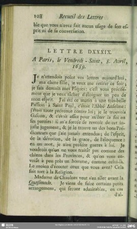 Lettre DXXXIX. A Paris, le Vendredi-Saint, 8. Avril, 1689