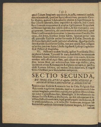 Sectio Secunda, De Idololatria respectu Invocationis & Adorationis Sanctorum & Angelorum