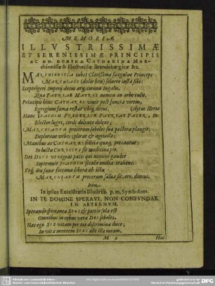 Memoriae Illustrissimae Et Serenissimae Principis Ac Dn. Dominae Catharinae Marchionissae & Electorissae Brandenburgicae & c.