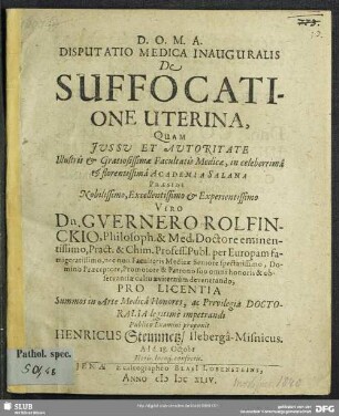Disputatio Medica Inauguralis De Suffocatione Uterina