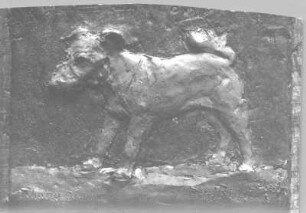 Terrier : Terrier (Relief). Gips?, getönt (1931; E. Richter). Dresden-Südvorstadt, Eisenstuckstraße, Atelier der Bildhauerin