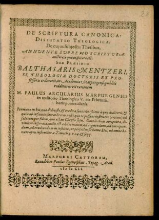 De Scriptura Canonica: Disputatio Theologica