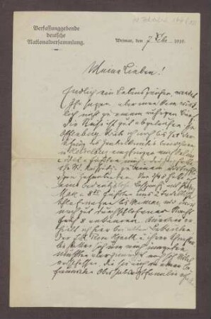 Schreiben von Constantin Fehrenbach, Weimar, an Elisabeth Rosset, Bericht über die Reise nach Weimar und erste Eindrücke aus Weimar