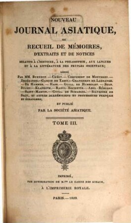 Nouveau journal asiatique : ou recueil de mémoires, d'extraits et de notices relatifs aux études orientales. 3, 3. 1829