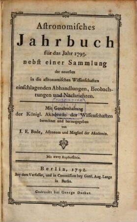 Astronomisches Jahrbuch. 1795 (1792)