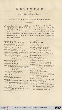 Register zum ersten bis sechsten Bande von Herculanum und Pompeji